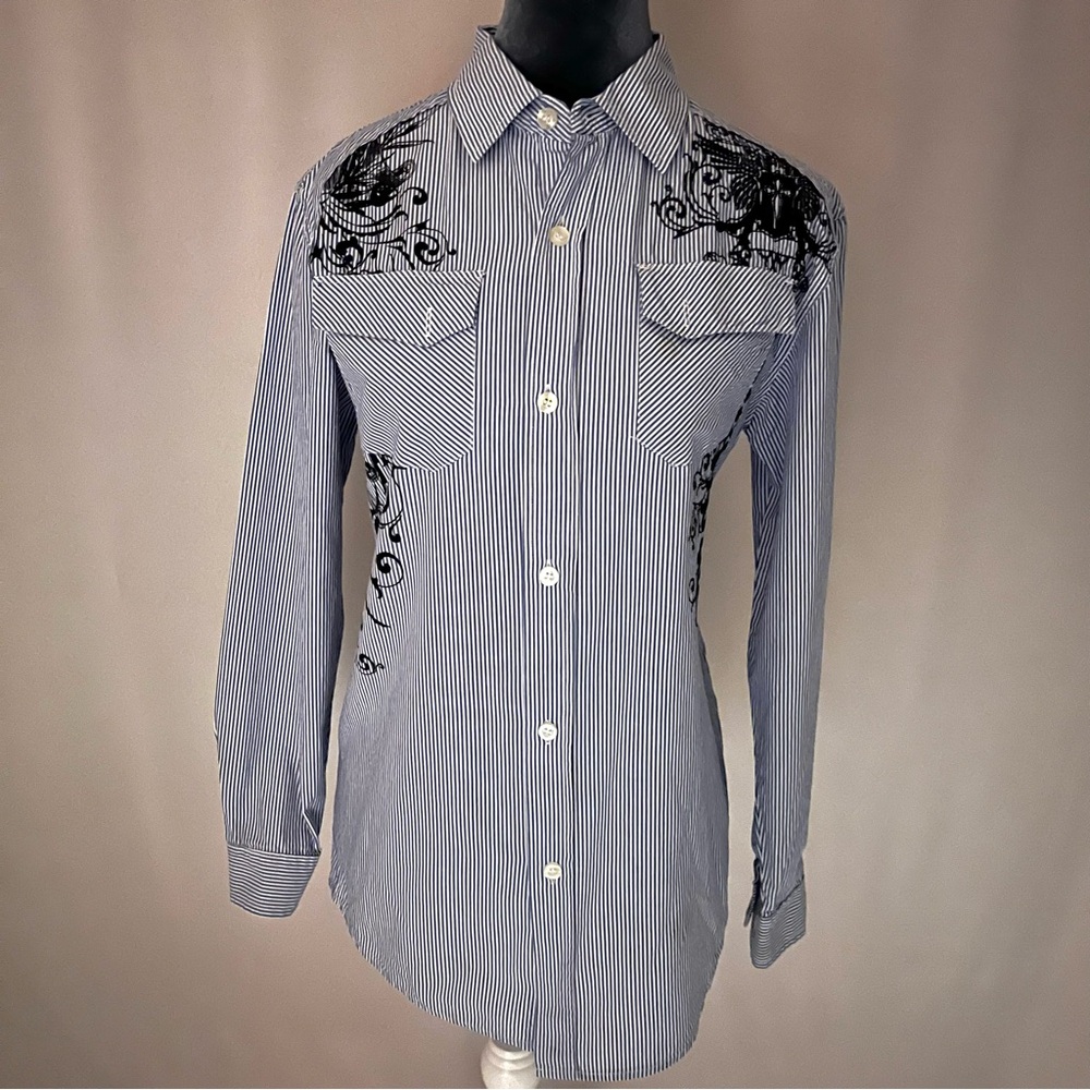 Men's Blue Striped Shirt with  Grunge Style Embroidery